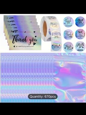 Holographic Thank You Stickers, cards and bags